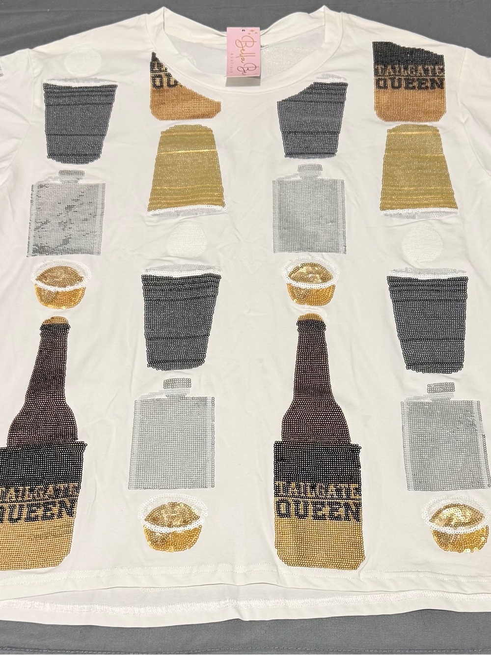 QUEEN OF SPARKLES White Tee with Gold, Black & Silver Sequin Drink Motifs
